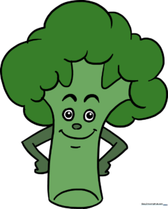 A colorful, friendly cartoon broccoli character standing on a white background.