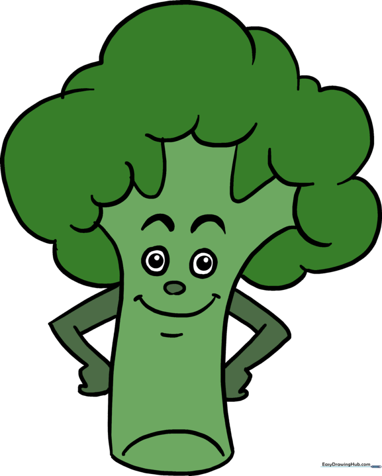 A colorful, friendly cartoon broccoli character standing on a white background.