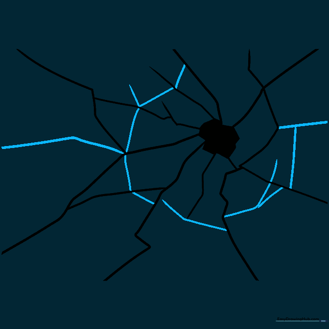 Connecting lines forming a circular pattern of shards around the center of the broken glass.