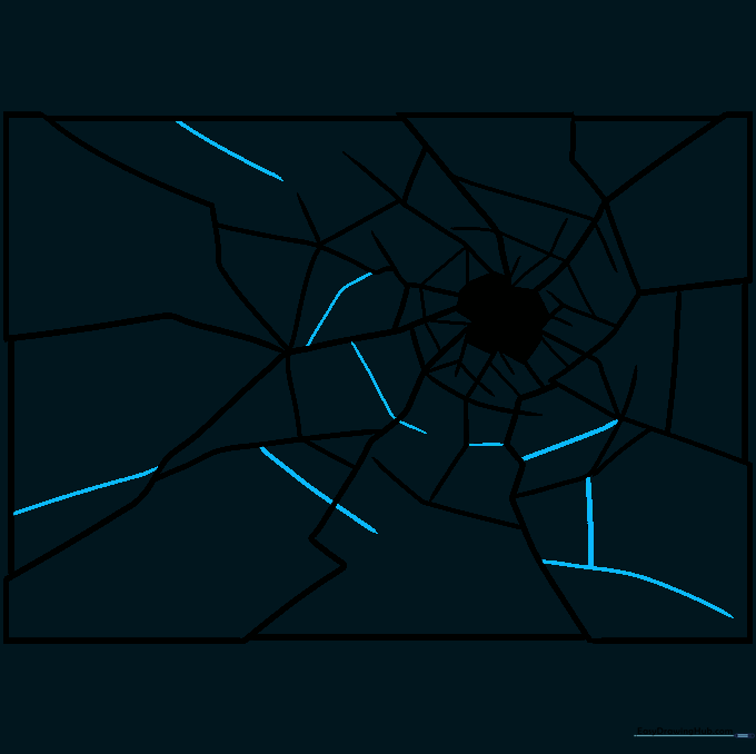 Finalizing the outline by connecting all fracture lines to the edge of the window frame.