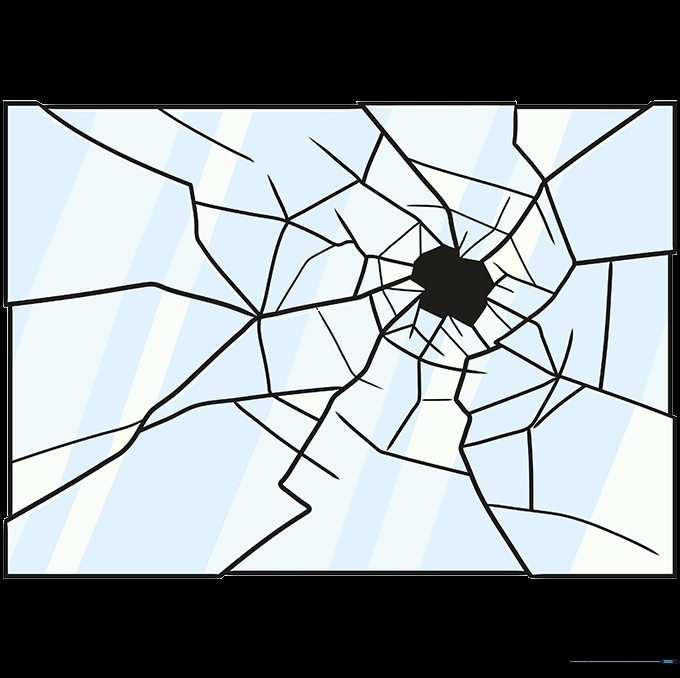 The finished broken glass drawing colored with light blue and white to represent light reflection.
