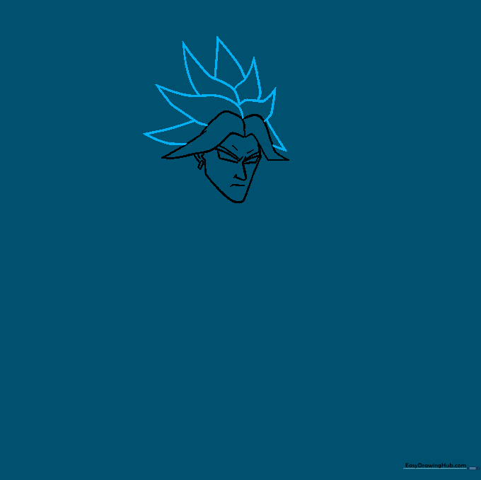 Detailed sketch of Broly's spiky Super Saiyan hair segments.