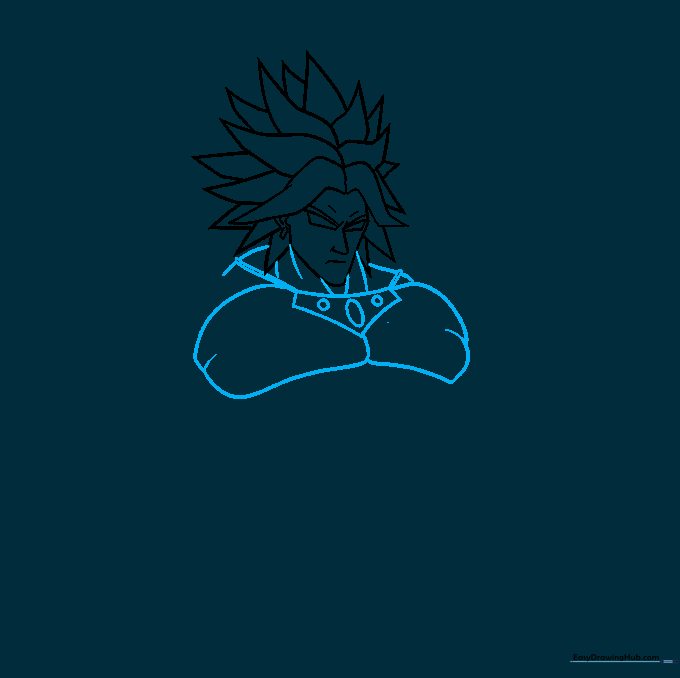 Sketching Broly's neck, shoulders, and his chest power-control ring.