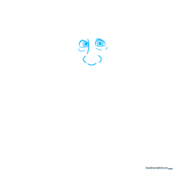 Close-up pencil sketch of Bruno's eyes and nose showing almond shapes and dark under-eye circles.