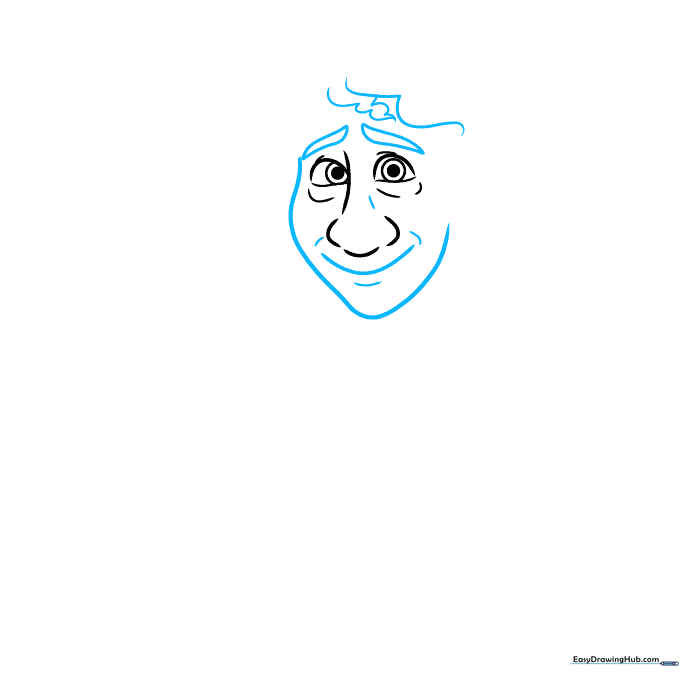 Pencil outline of Bruno's face shape, smile, and initial curly hair structure.