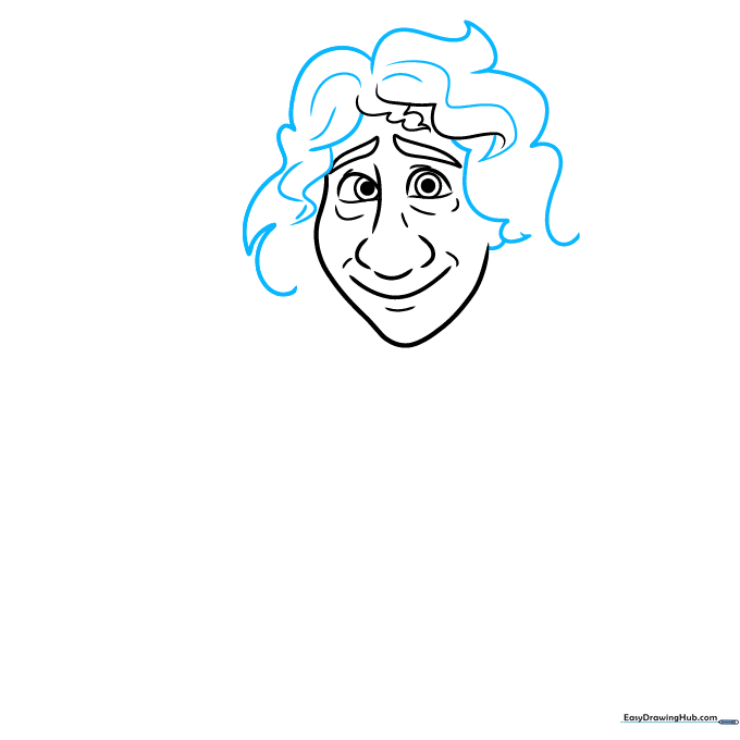 Detailed sketch showing the addition of layered, curly hair strands on Bruno's head.