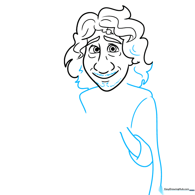 Sketch showing Bruno's shoulders, arm, and the addition of light facial hair texture.