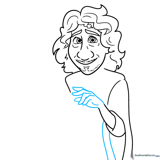 Step-by-step drawing of Bruno's extended hand with palm detail.