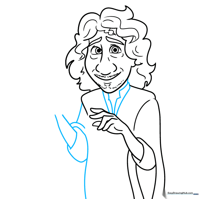 Sketch showing the addition of Bruno's torso and his signature high-collared garment.