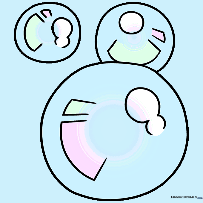 The final colored drawing of three bubbles with rainbow-like color gradients and white highlights.