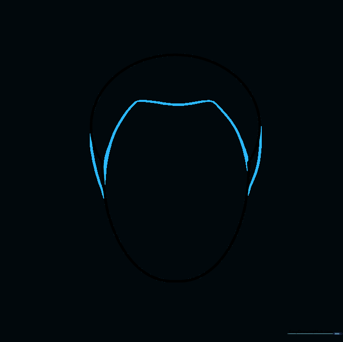 Drawing the hairline with curved strokes forming an M-shape on the forehead.