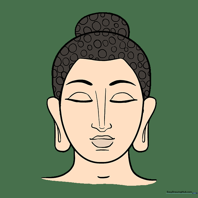 The completed Buddha drawing with final shading and coloring applied.