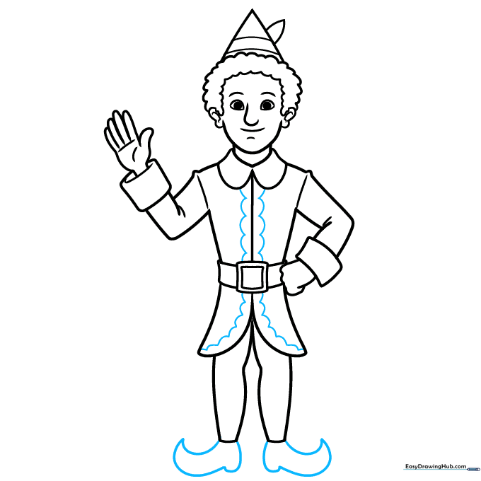 Finalizing the coat details and drawing the pointed elf shoes.