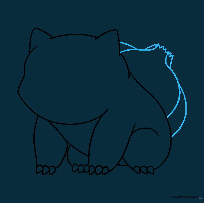 Drawing of the characteristic plant bulb on Bulbasaur's back using curved and V-shaped lines.