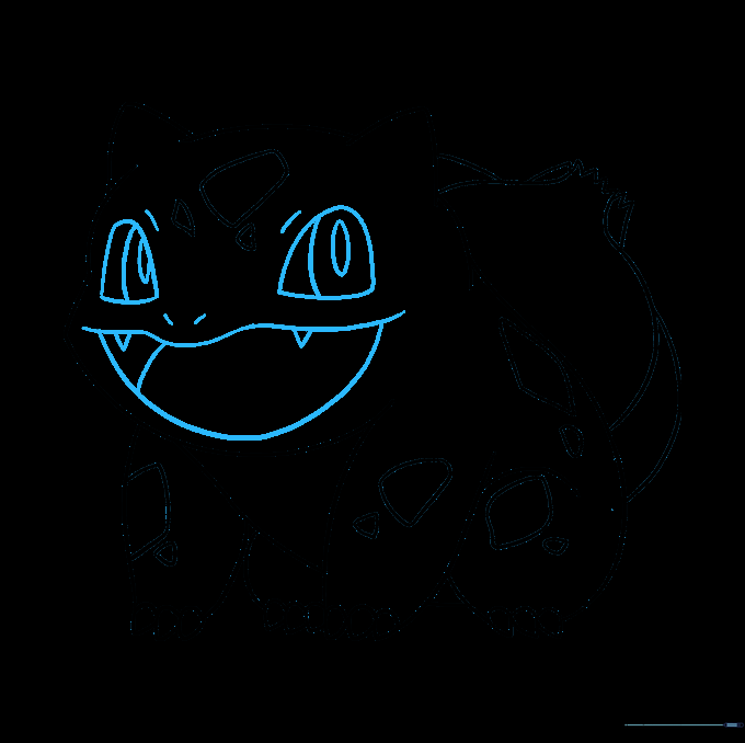 Detailed facial features including eyes, mouth, tongue, and nostrils added to the Bulbasaur sketch.
