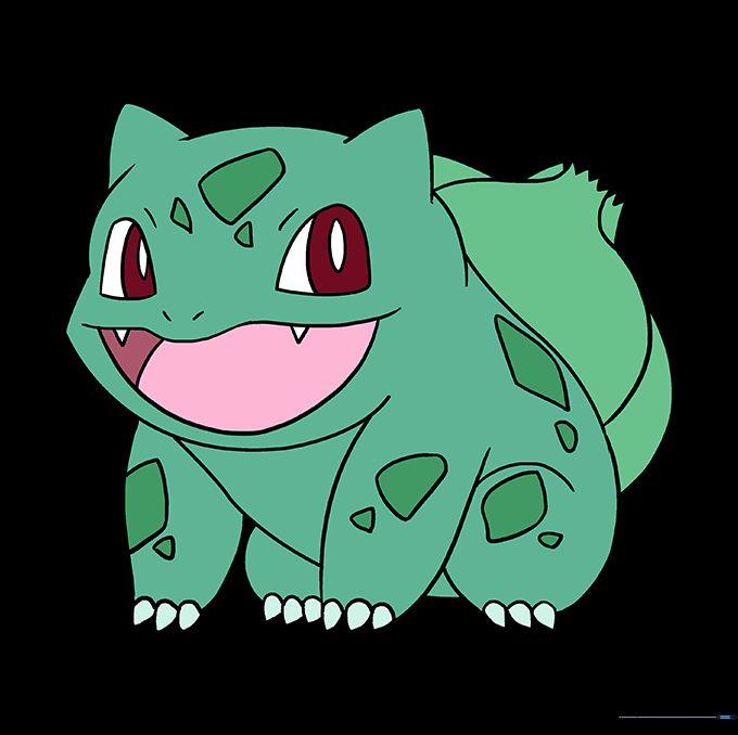 Fully colored Bulbasaur illustration featuring turquoise skin, green spots, and a green plant bulb.