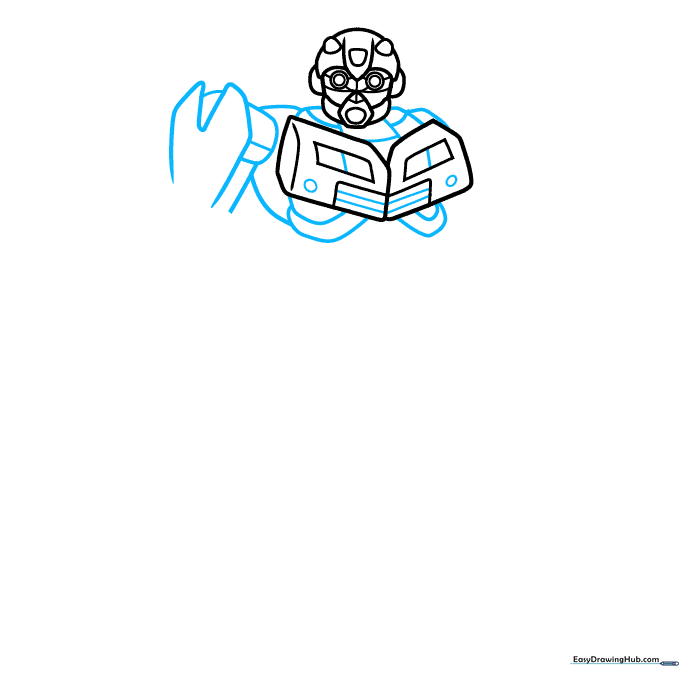 Drawing the chest plate and shoulder connections of the robot.