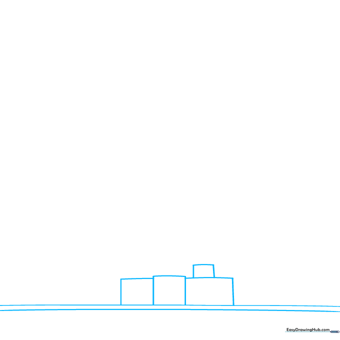 Pencil sketch showing the rectangular base tiers of the Burj Khalifa on a white background.