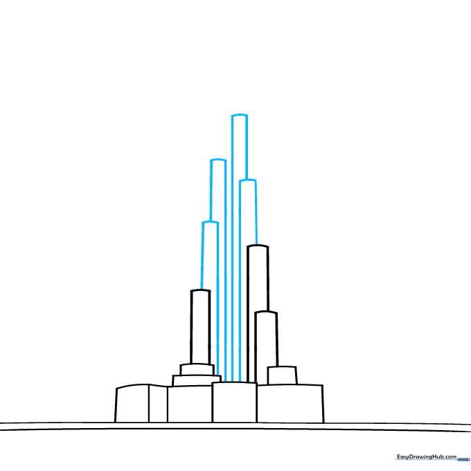 Sketching the upper levels of the Burj Khalifa with tall, narrow rectangles.