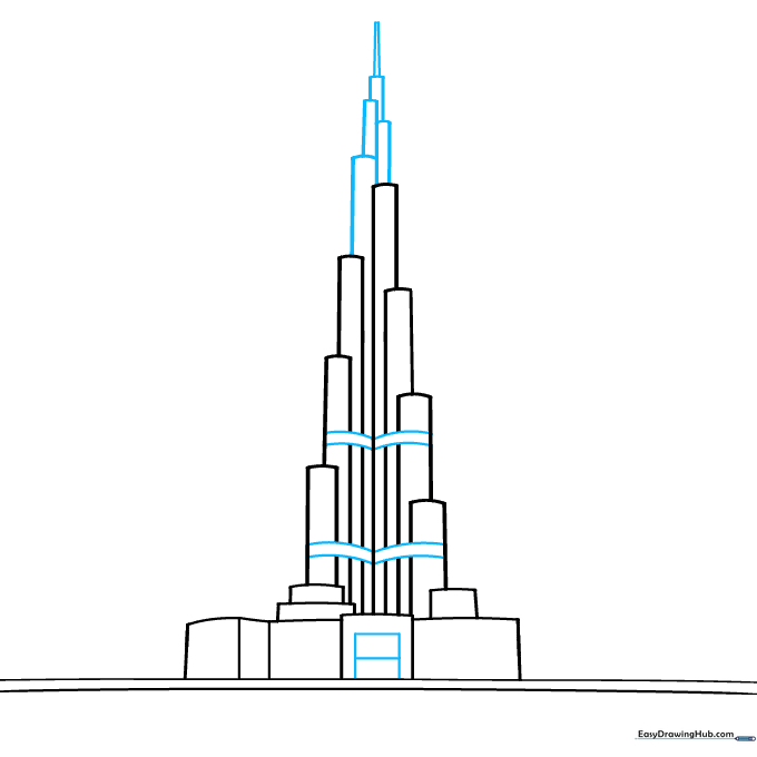 Refining the Burj Khalifa drawing by adding curved lines and base details.