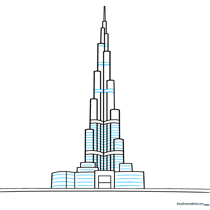 Adding floor and window details to the Burj Khalifa using repetitive curved lines.
