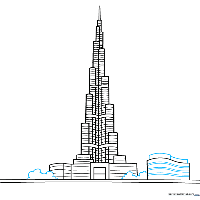 Adding trees and shrubs to the base of the Burj Khalifa drawing.