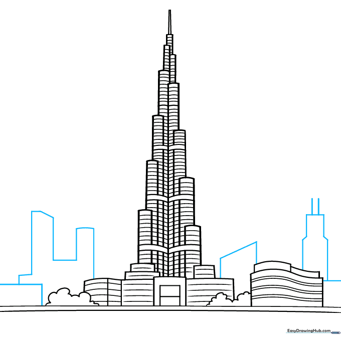 Adding surrounding buildings to create a Dubai skyline background.