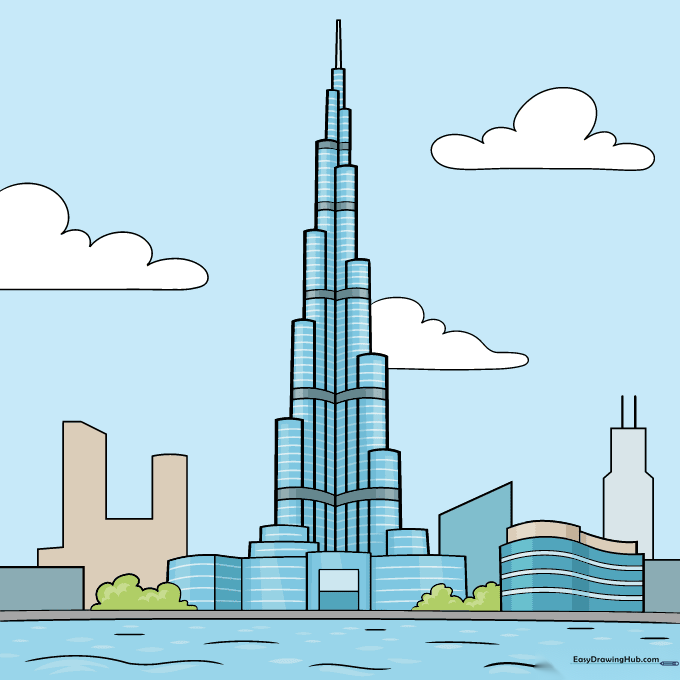 Finished, colored drawing of the Burj Khalifa with blue sky reflections.
