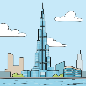 Colorful, finished illustration of the Burj Khalifa standing tall against a blue sky.
