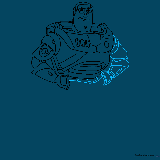Drawing the second arm and the utility belt on Buzz Lightyear's waist.