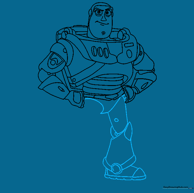 Drawing the legs and knee joints for the Buzz Lightyear character.