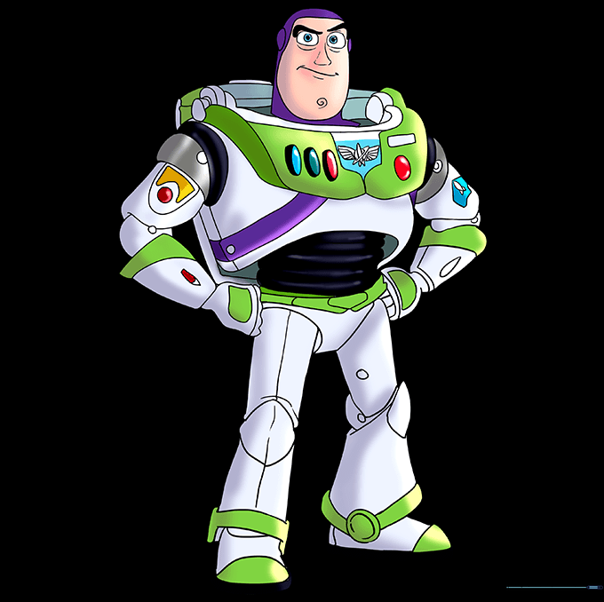Final colored drawing of Buzz Lightyear in his signature white, purple, and green suit.