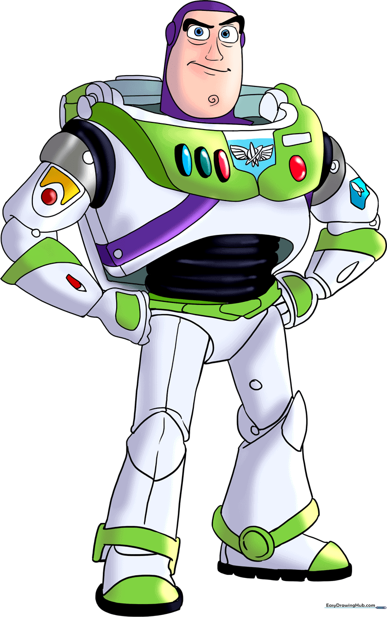 A vibrant, completed drawing of Buzz Lightyear standing in a heroic pose.