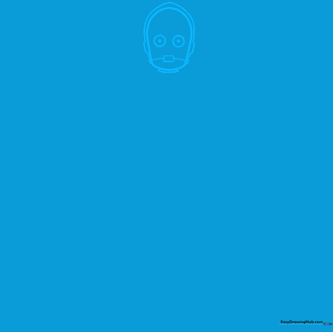 Line drawing of C-3PO's head showing the rounded top, flat bottom, and circular eyes with pupils.