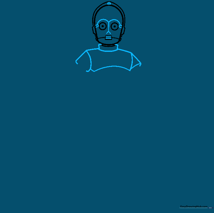 C-3PO drawing showing added facial markings, neck structure, and the beginning of the chest plate.