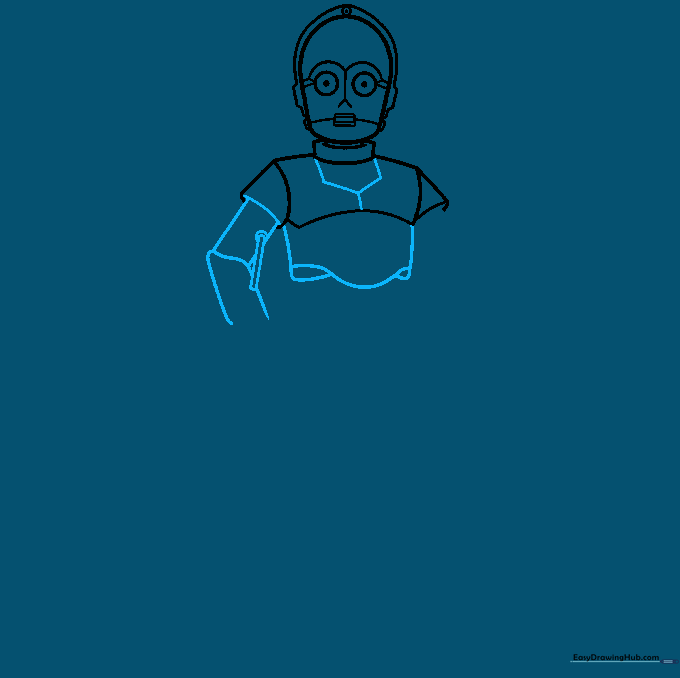 C-3PO drawing showing the torso hexagon detail and the segmented, robotic arm structure.