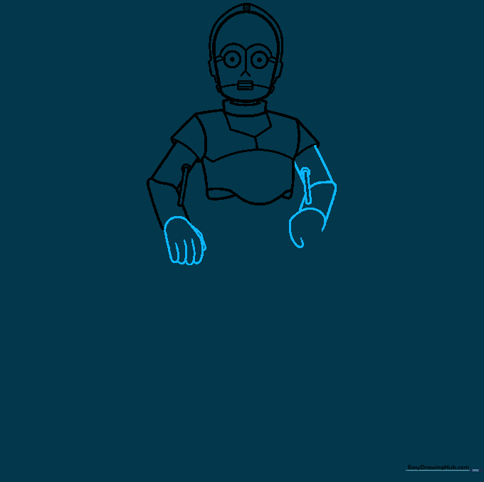 C-3PO drawing showing both arms completed with simple hand shapes.