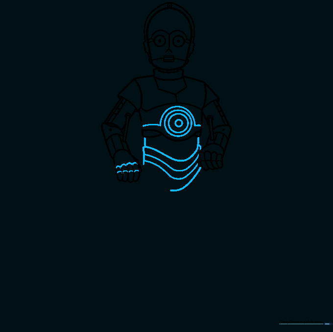 C-3PO drawing showing the torso and hip assembly with circular and curved line details.