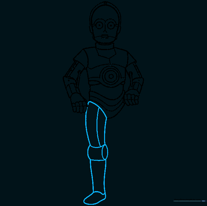 C-3PO drawing focusing on the construction of the first leg using segmented shapes.