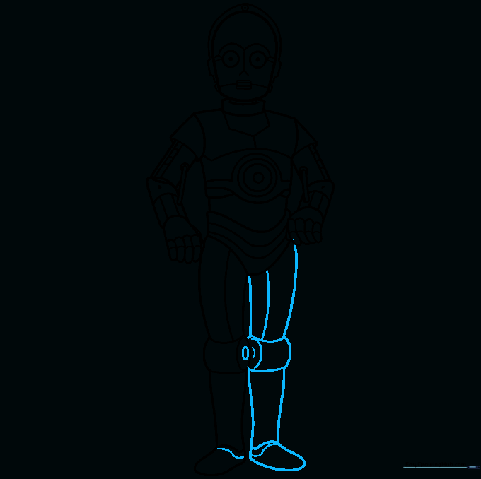 C-3PO drawing showing both legs completed with knee and foot details.