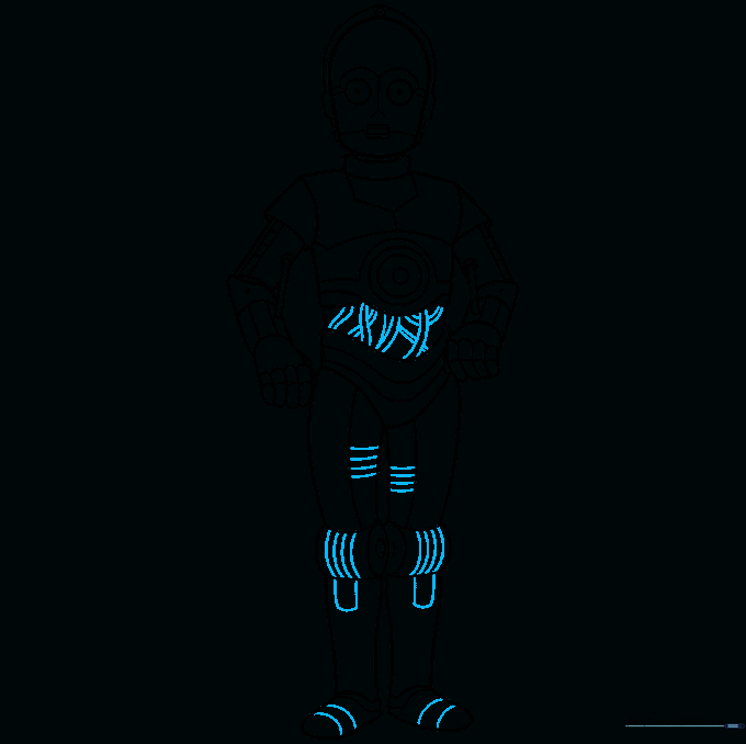 C-3PO drawing showing final wire details on the torso and refined leg contours.