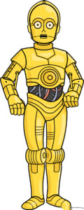 Full-body colored drawing of C-3PO standing in a friendly pose.