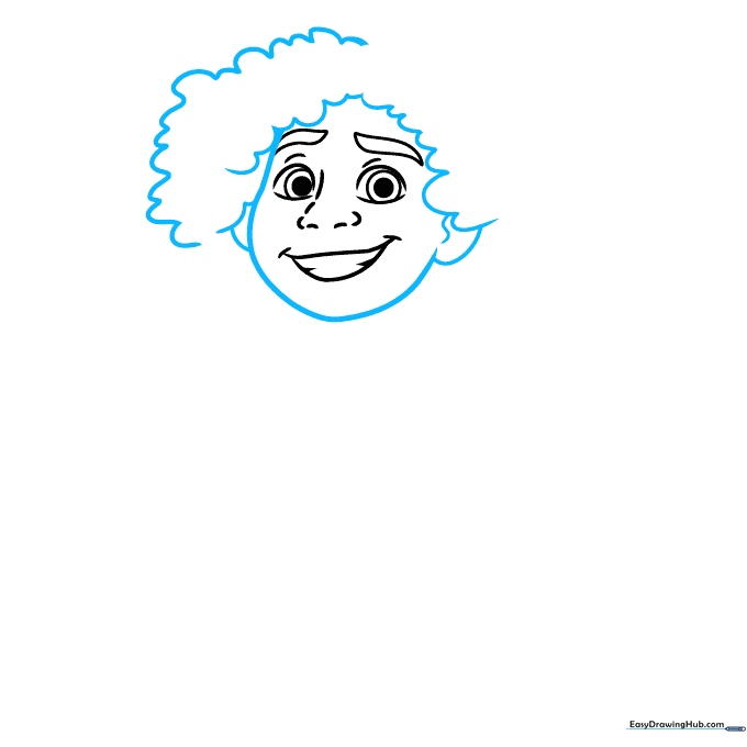 Drawing the outline of Camilo's face shape and his curly hair texture.