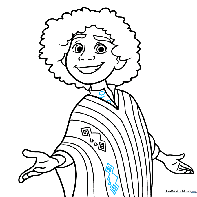 Finalizing the poncho pattern with geometric chameleon details.