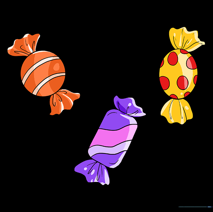 The finished candy drawing fully colored in bright, cheerful tones.