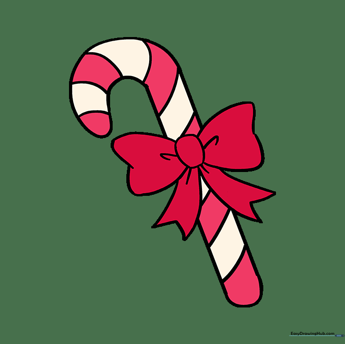 A fully colored candy cane with a red bow and classic red and white stripes.
