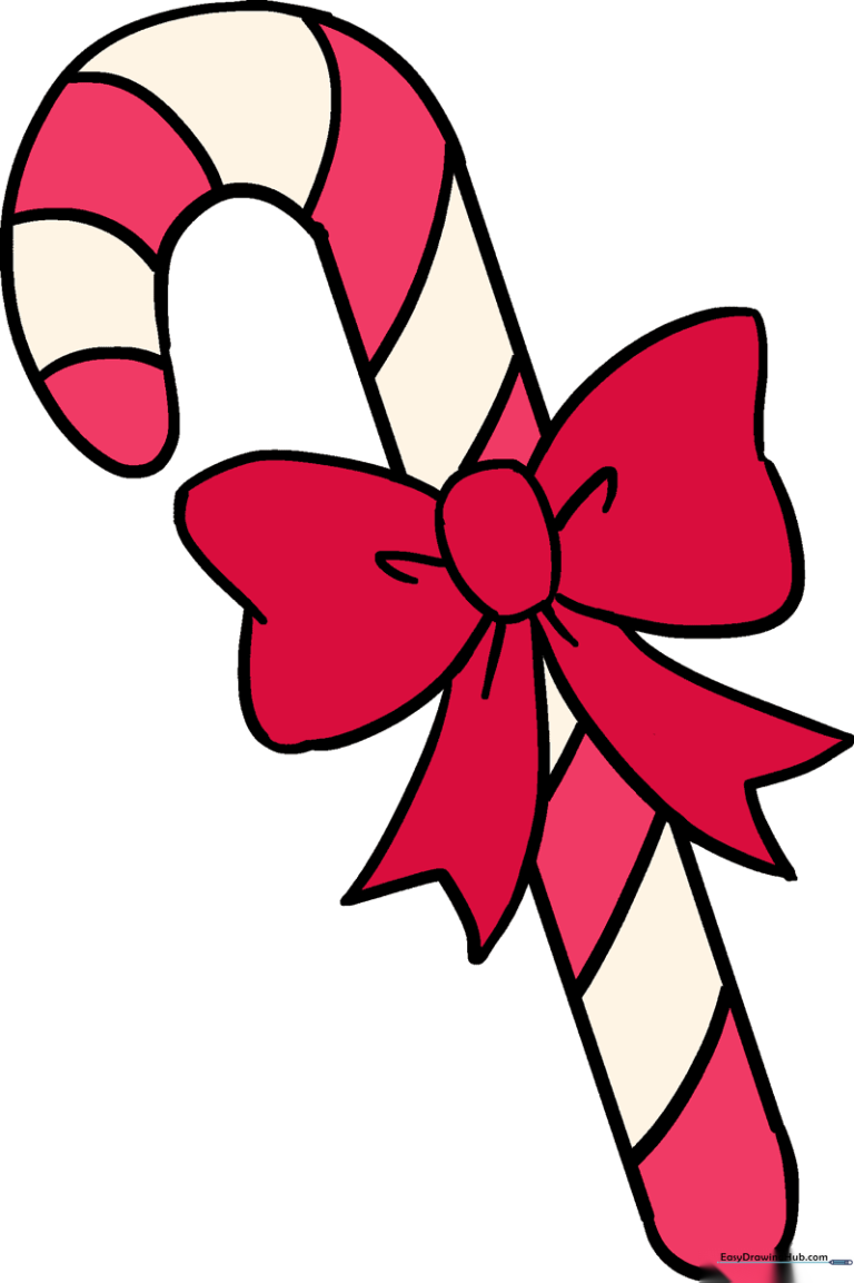 A vibrant, finished drawing of a candy cane with a bow, perfect for holiday art projects.