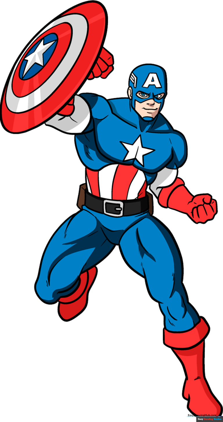 A vibrant, finished drawing of Captain America holding his shield, ready for coloring.