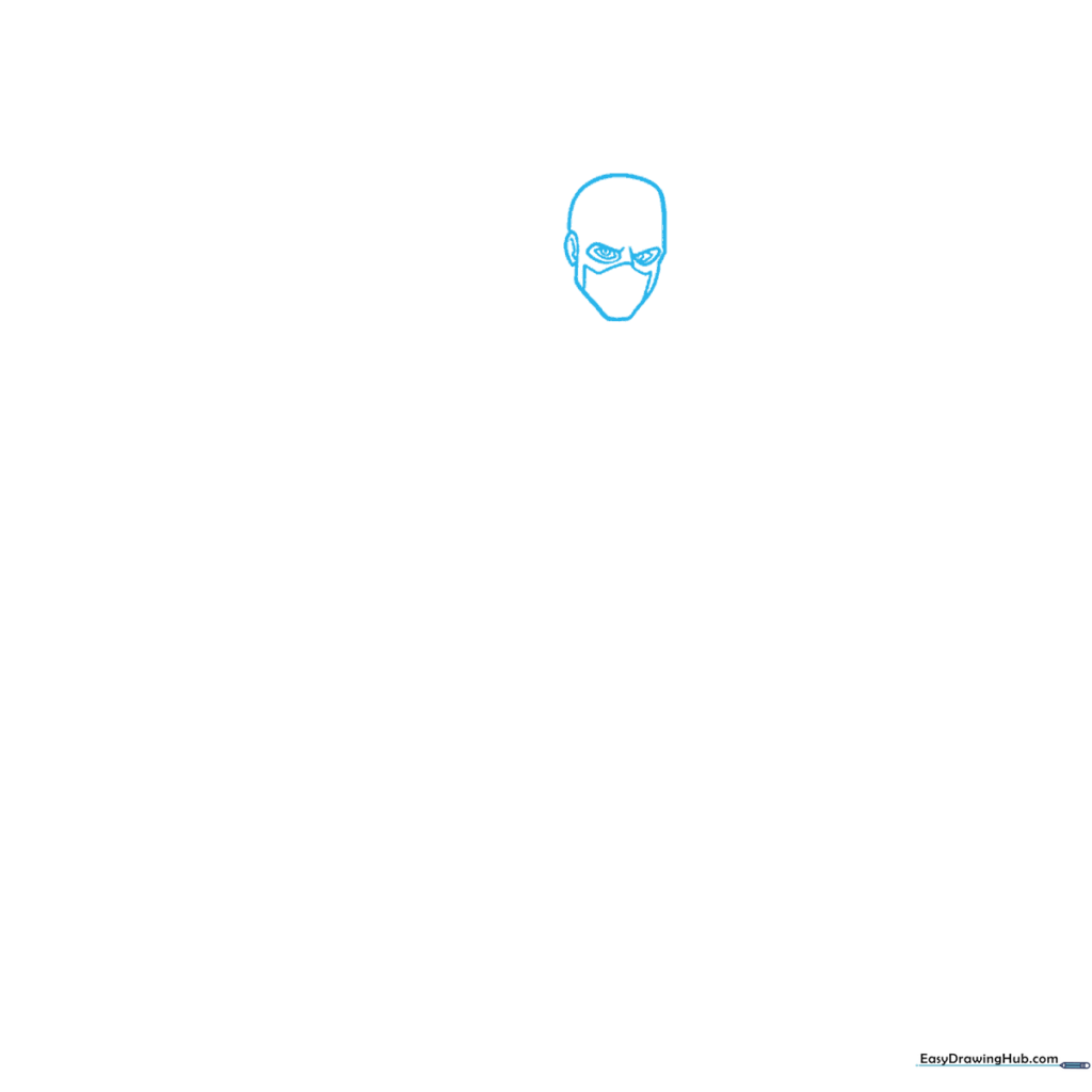 Line drawing of Captain America's head shape, showing the mask outline, ear, and eye sockets.