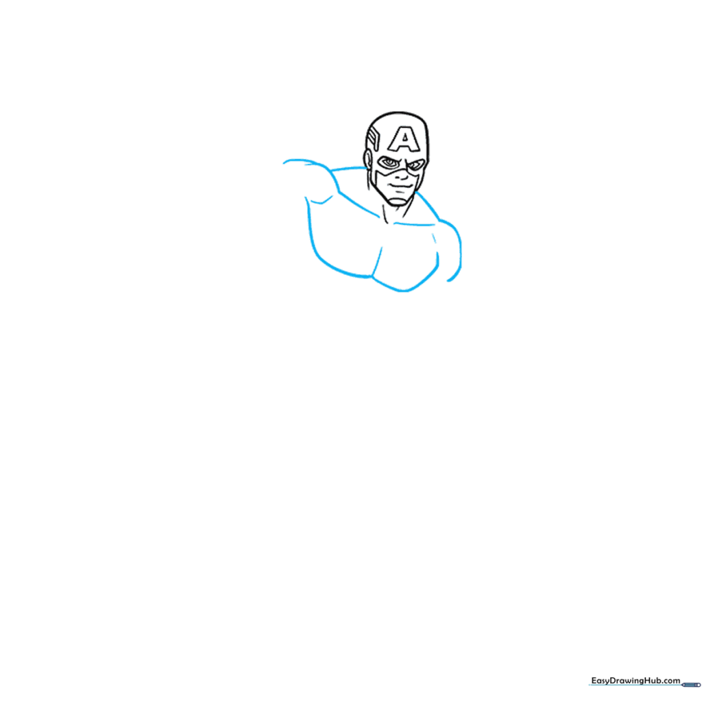 Drawing of Captain America's upper torso, showing muscular shoulders and chest definition.